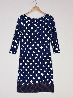 Tory Burch Silk Mini Dress Blue White Print Logo Zip 3/4 Sleeve Small